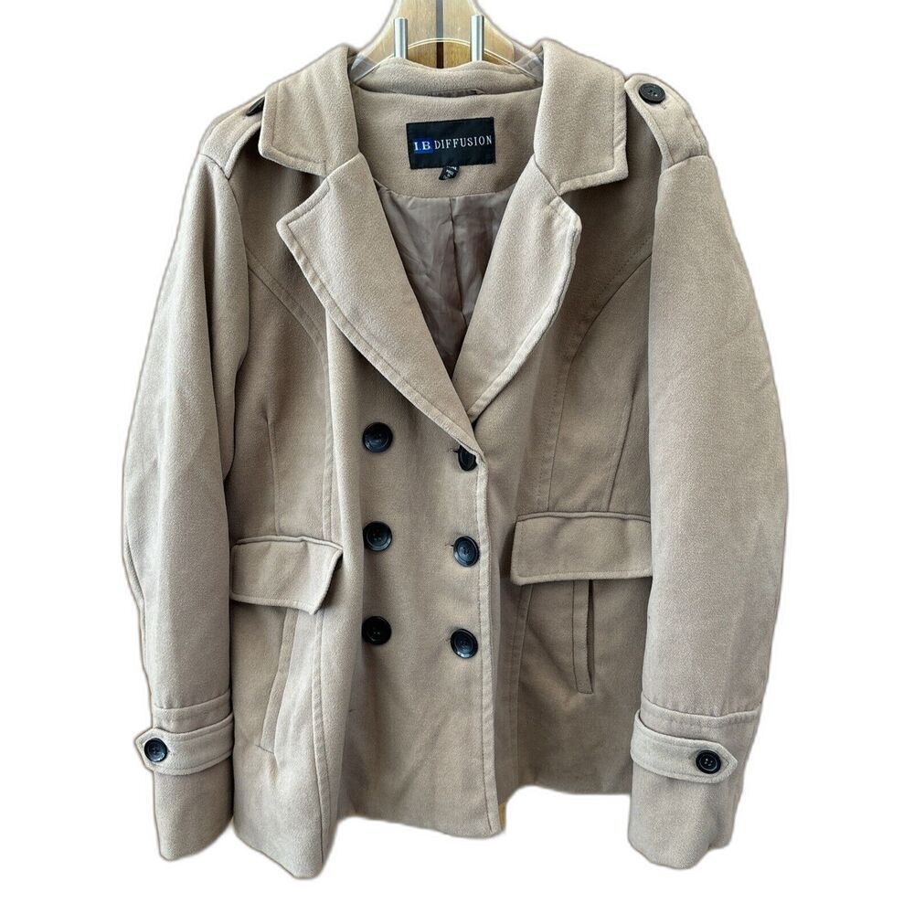 IB  Diffusion Coat Women XXL Camel Double Breasted Button Up Pockets Lined